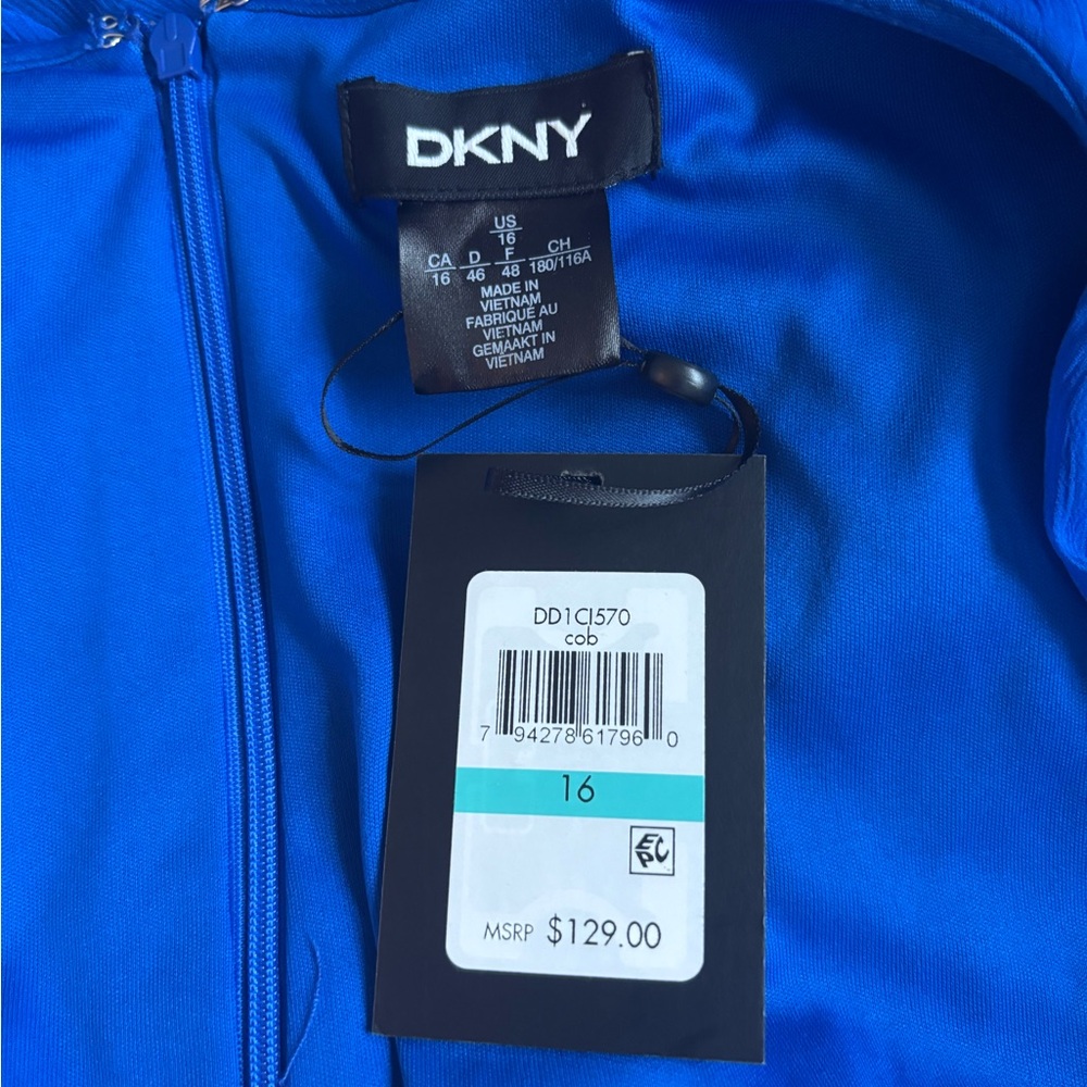 DKNY Blue Faux Wrap Dress with V-Neck and Bishop Sleeves NWT size 16 - Picture 10 of 12